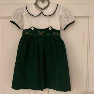 Lullaby Set green corduroy tie back dress with holly accents